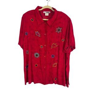 Retro Crinkle Floral Shirt 1X Red Embroidery Artsy 80s Ribbed Preppy Classic 80s